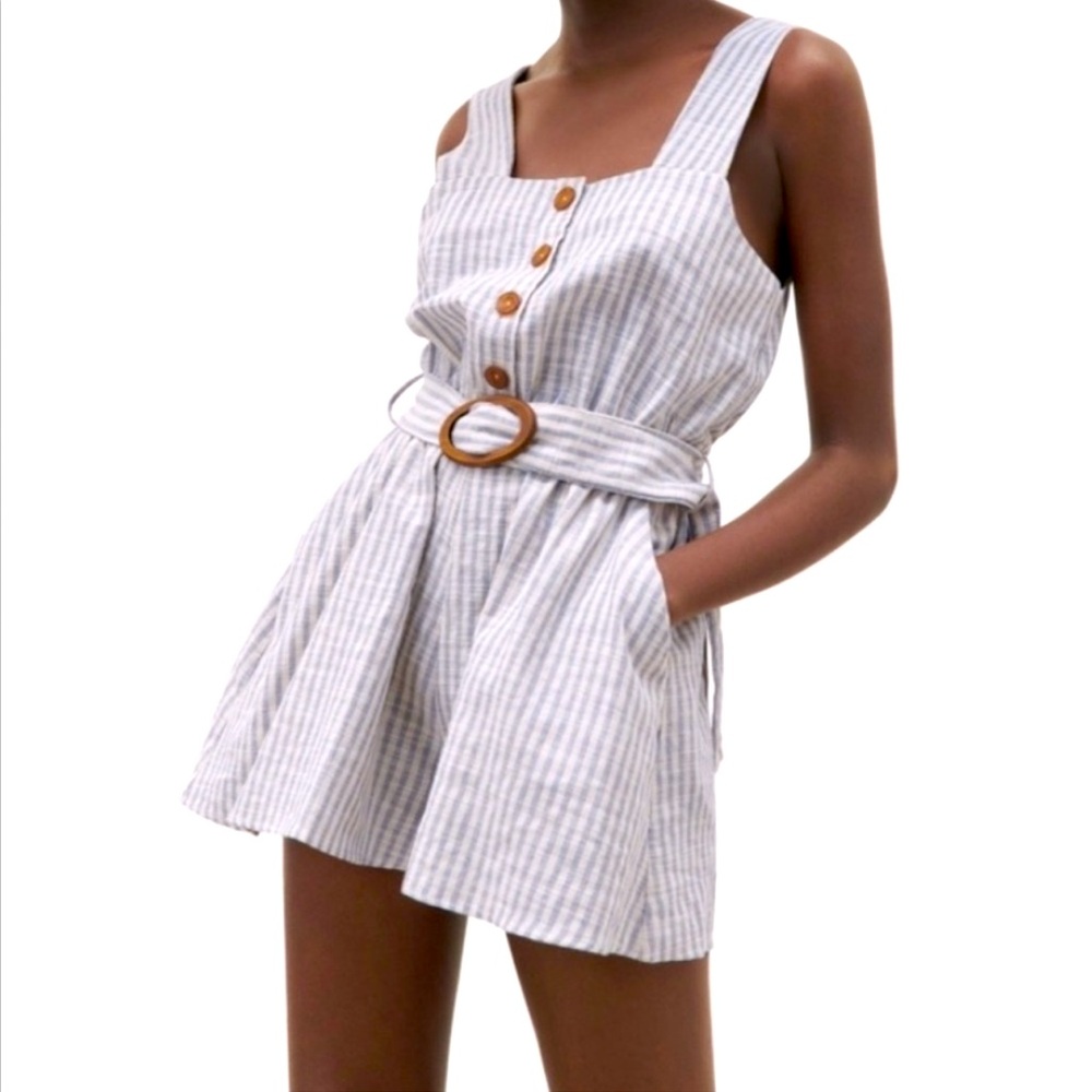 Zara linen blend white & blue striped belted romper jumpsuit size S